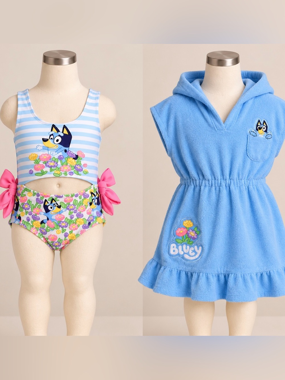 Bluey Girls 2-Piece Swimsuit 5T Floral Side Tie + Hooded Cover Up 4T
